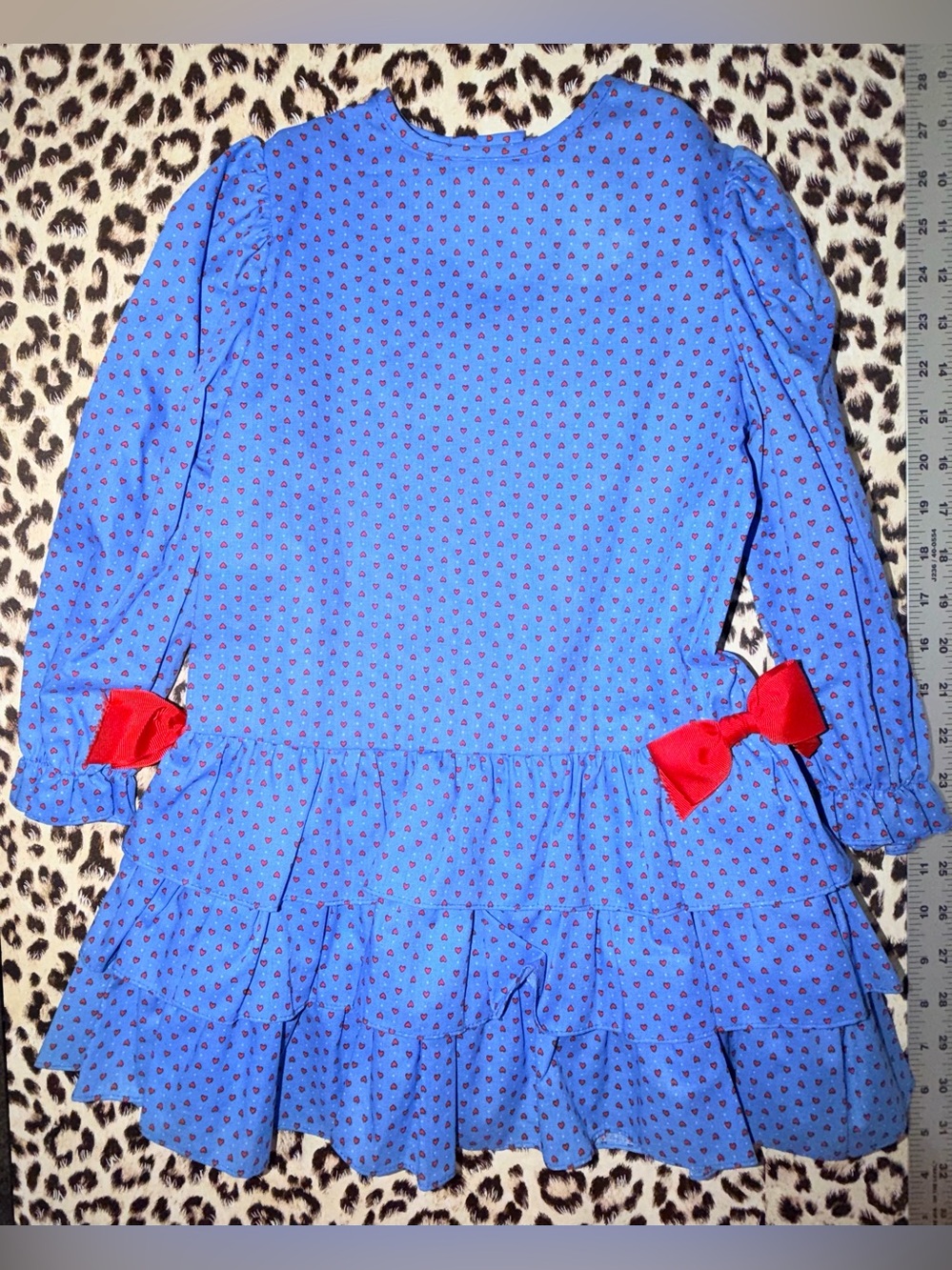 Little Star Toddler Girl’s Vintage Blue W/ Red Hearts And Red Bows Dress Size 5
